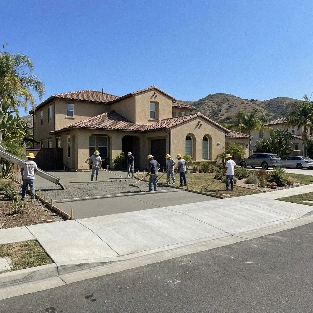 Concrete crew at work on a residential village street in Irvine